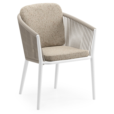 Chaise de jardin Orso en aluminium blanc et corde ronde tissée verticalement beige avec coussin luxe en All Weather Cosytica Bora Jungle