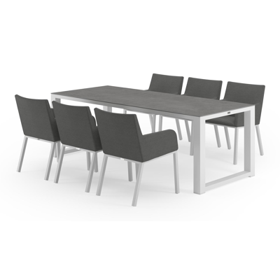 Livo tuinset in wit aluminium en grijs volkeramiek tafelblad met 6 Rivo tuinstoelen