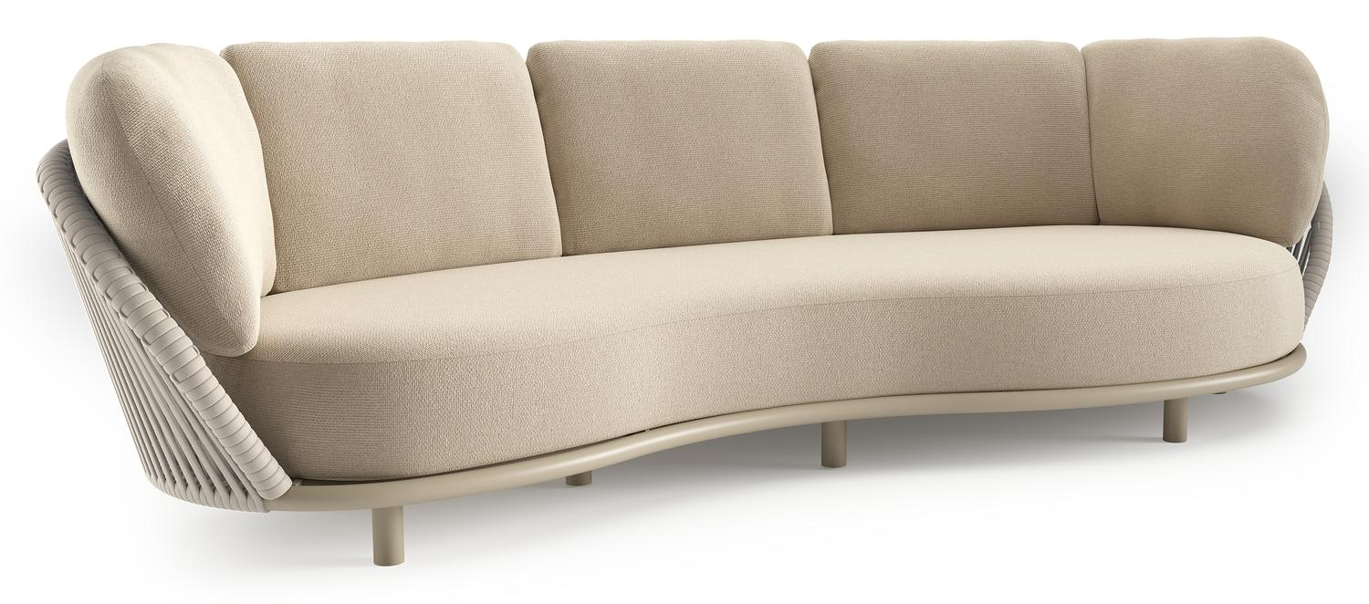 Lupino loungebank in beige aluminium en beige verticaal geweven luxe vlakke brede rope met althea chalk all weather cosytica kussen