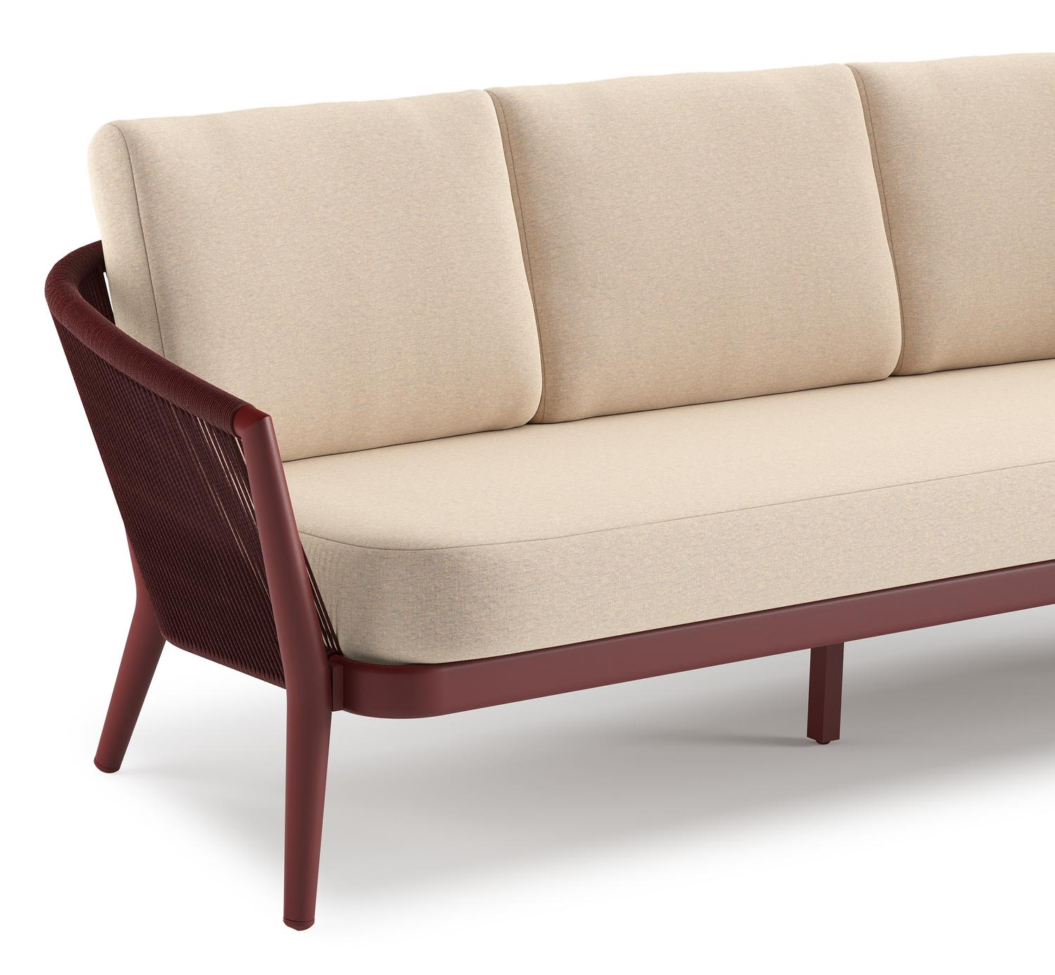 Orso loungebank in ruby aluminium en ruby verticaal geweven ronde rope met Heritage Papyrus all weather sunbrella® luxe kussen