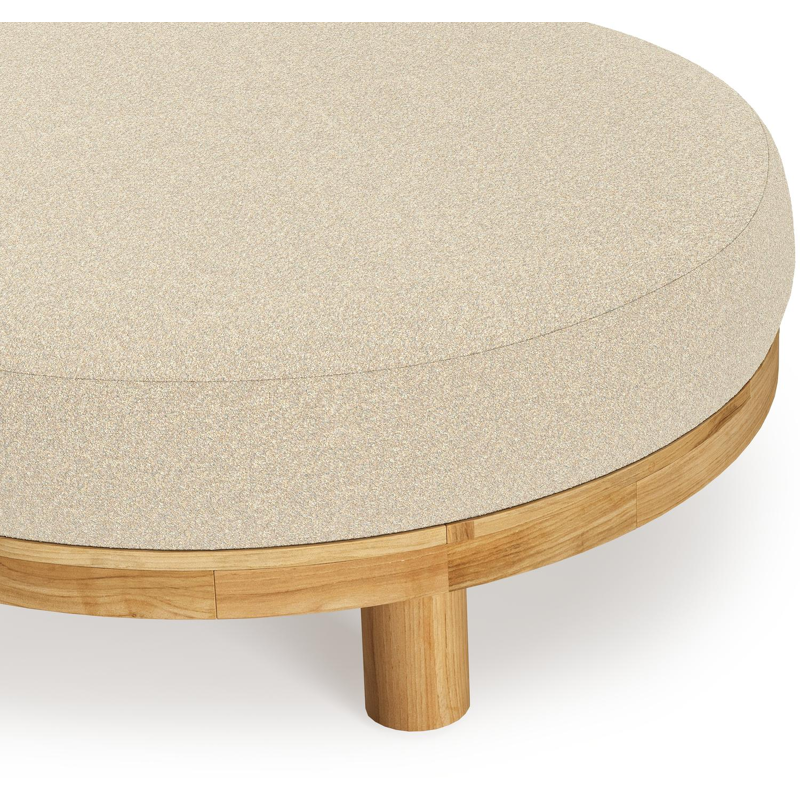 Salon de jardin pouf Donato en teck et corde ronde tissée verticalement beige et coussins en all weather solica Soul Papyrus