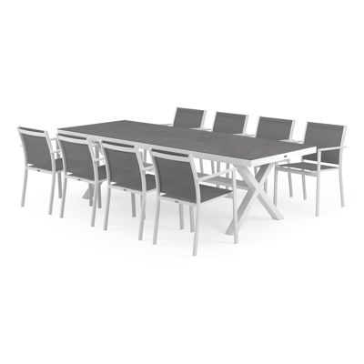 Reza tuinset in wit aluminium en grijs volkeramiek tafelblad met 8 stapelbare Bareto tuinstoelen