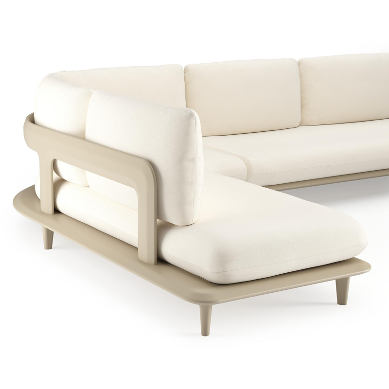 Salon de jardin d'angle Bomero en aluminium beige et coussins en all weather sunbrella® luxe natte white