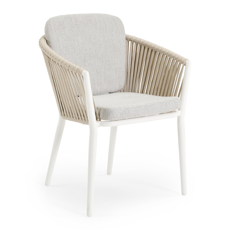 Orso tuinstoel in wit aluminium en beige verticaal geweven vlakke rope met kussen in savane nimbus all weather sunbrella® luxe