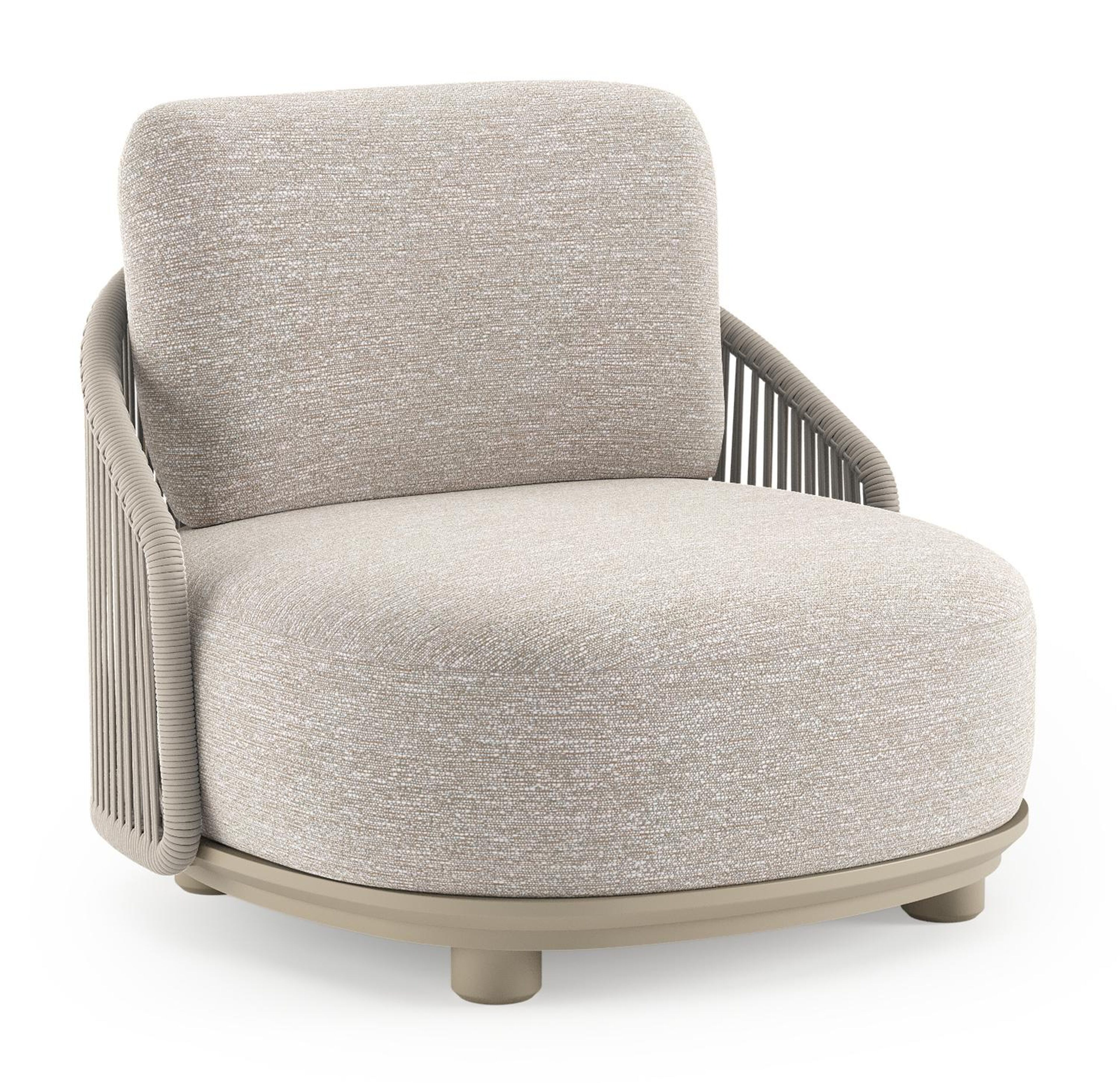 Vadelo loungestoel in beige aluminium en beige verticaal geweven ronde rope met tundra sand all weather sunbrella® luxe kussen