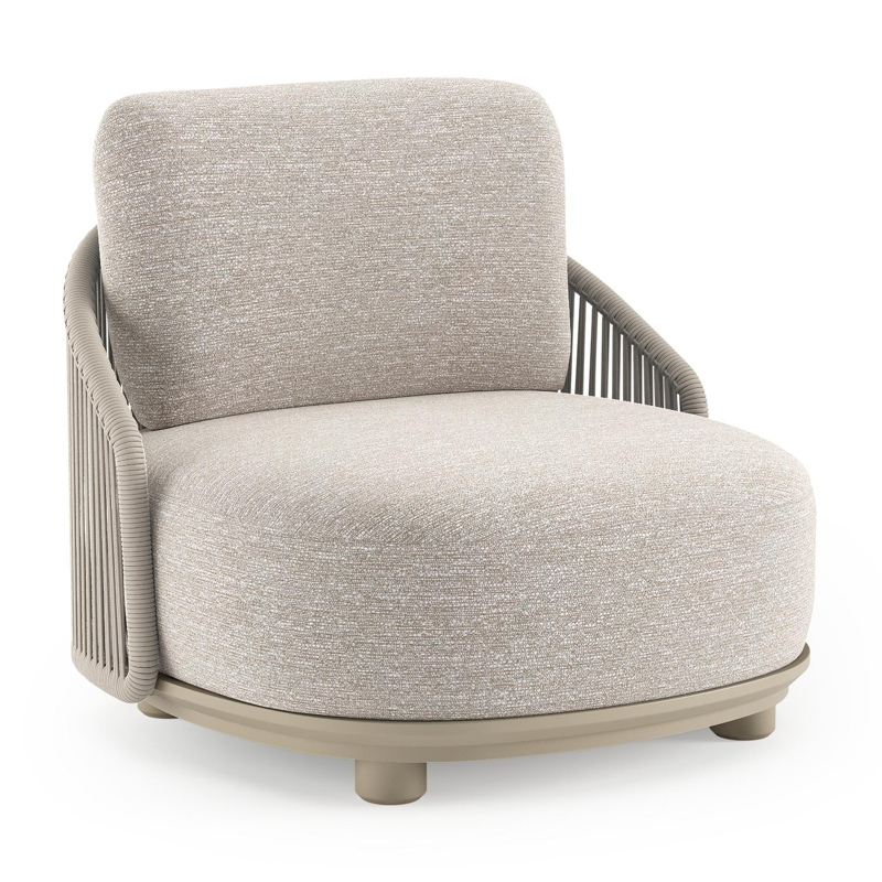Vadelo loungestoel in beige aluminium en beige verticaal geweven ronde rope met tundra sand all weather sunbrella® luxe kussen