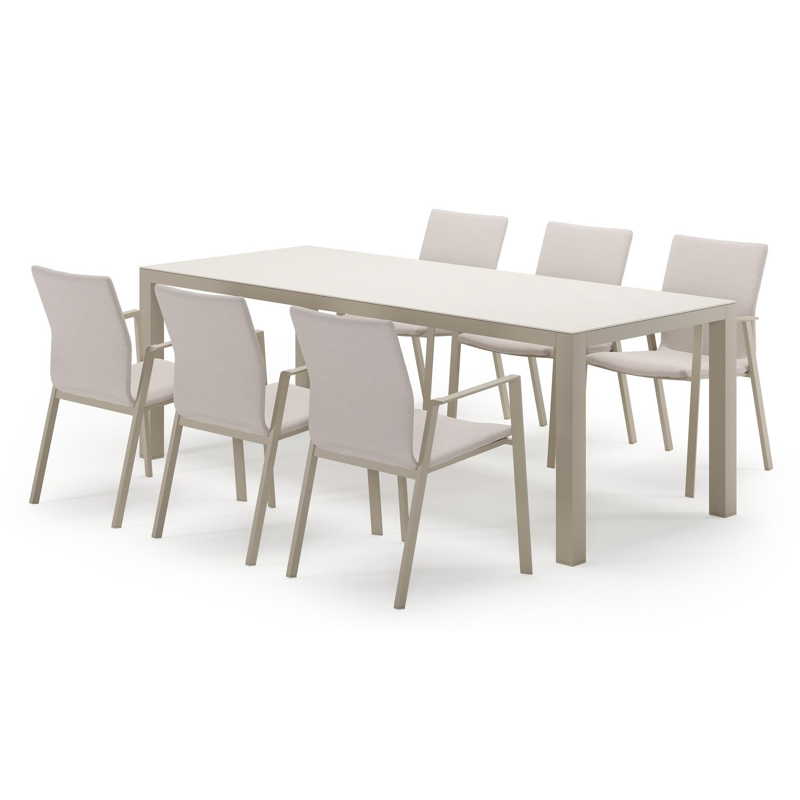 Varese rechthoekige tuinset in beige aluminium en sintered stone crema minerale met 6 Madura tuinstoelen