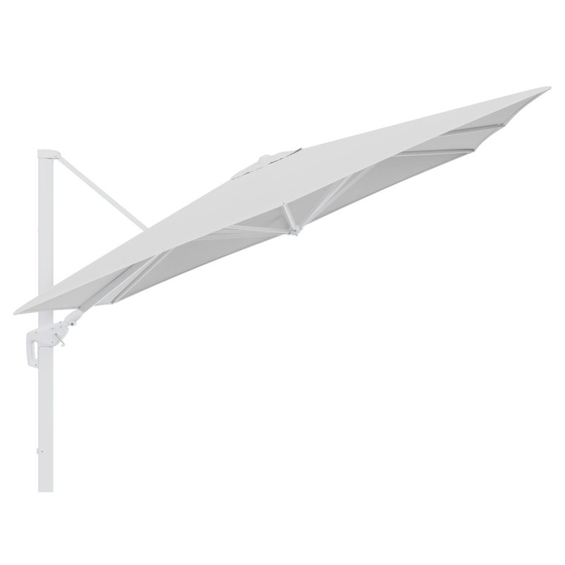 Parasol pendant Minore avec fonction tilt en aluminium blanc et toile de parasol en All Weather Sunbrella® Luxe Ego Birch  - Lg.1: 280 x Lg.2: 370 cm (sans pied de parasol