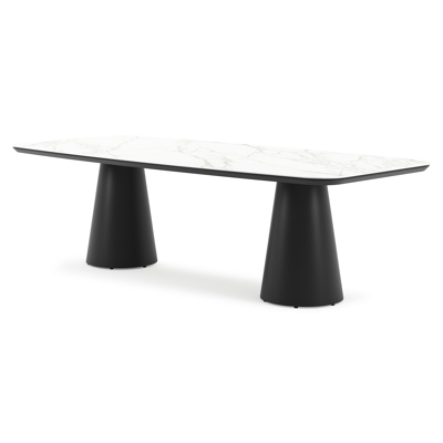 Table de jardin Donato forme de bateau en aluminium noir et céramique pleine Calacatta - Lg. 255 x Lrg. 115 x Haut. 73 cm