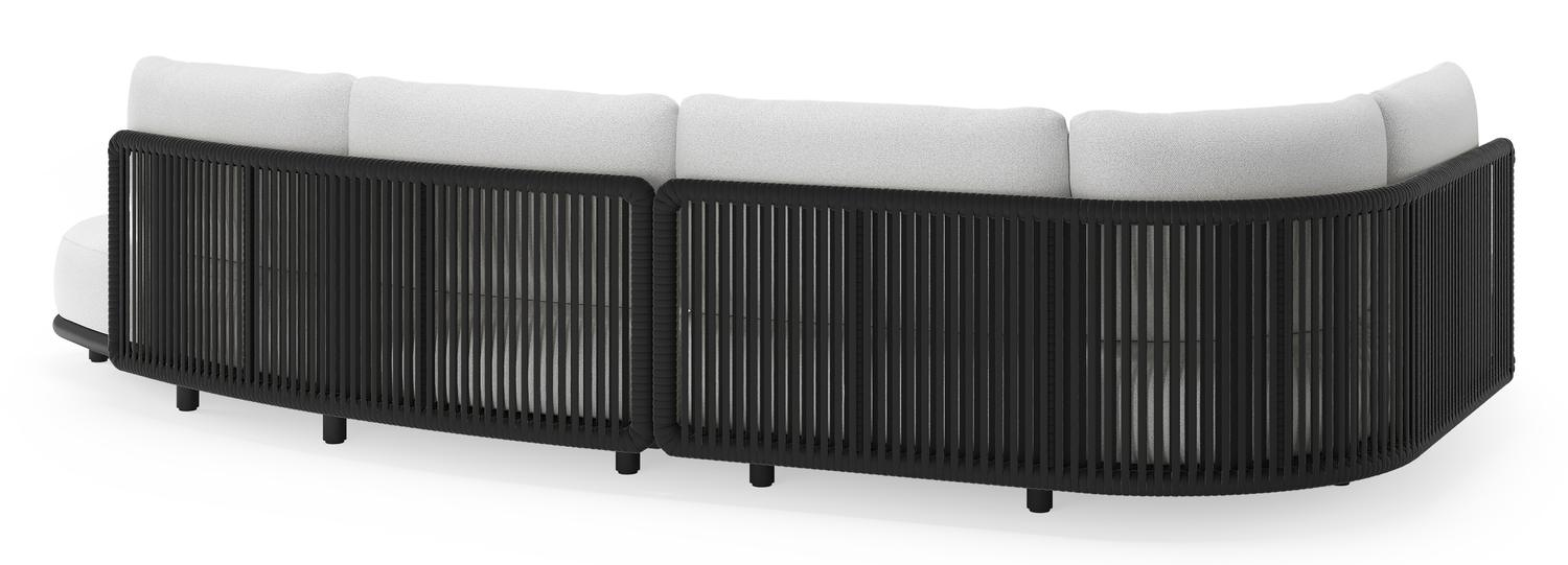 Salon de jardin d'angle Lomano en aluminium noir et corde luxe plate tissée verticalement noir et coussins en all weather solica ego birch