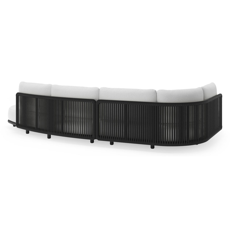 Salon de jardin d'angle Lomano en aluminium noir et corde luxe plate tissée verticalement noir et coussins en all weather solica ego birch