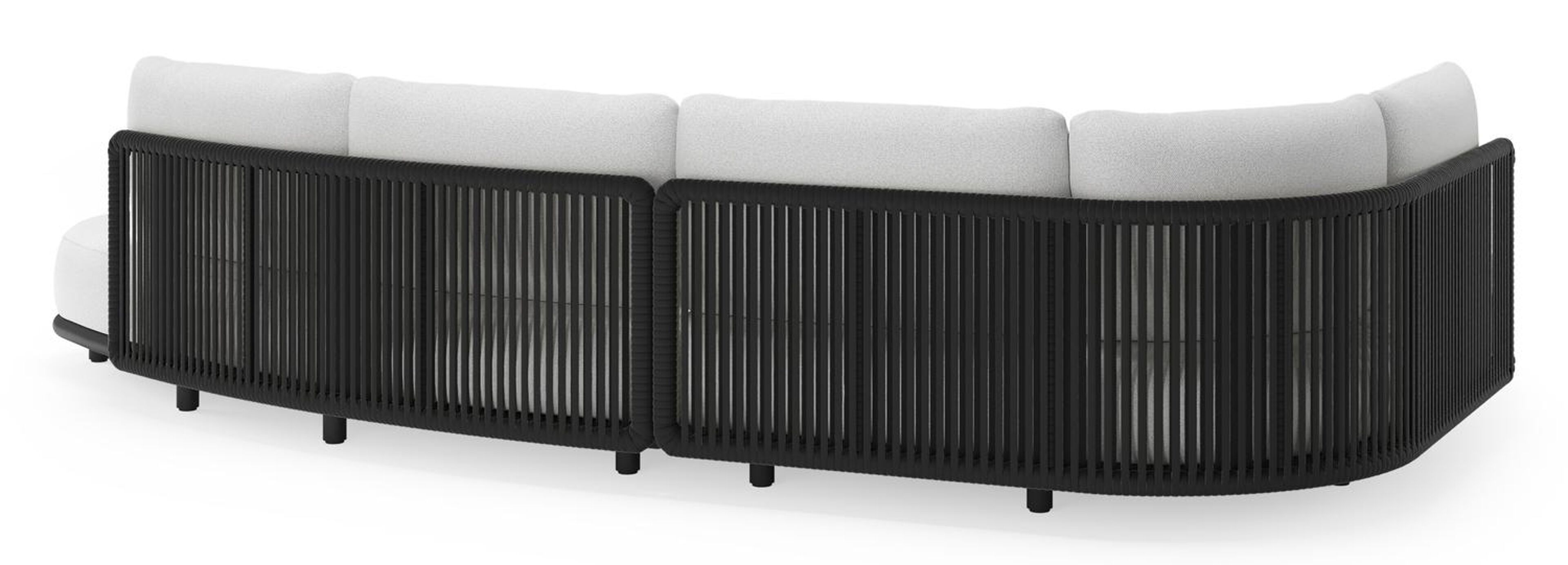 Lomano loungehoek in zwart aluminium en zwart verticaal geweven luxe vlakke rope met ego birch all weather solica kussen