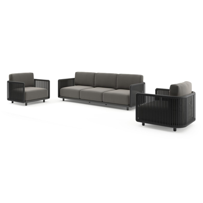 Organo loungeset in zwart aluminium en zwart verticaal geweven luxe vlakke rope met natte dark taupe all weather Sunbrella® luxe kussen