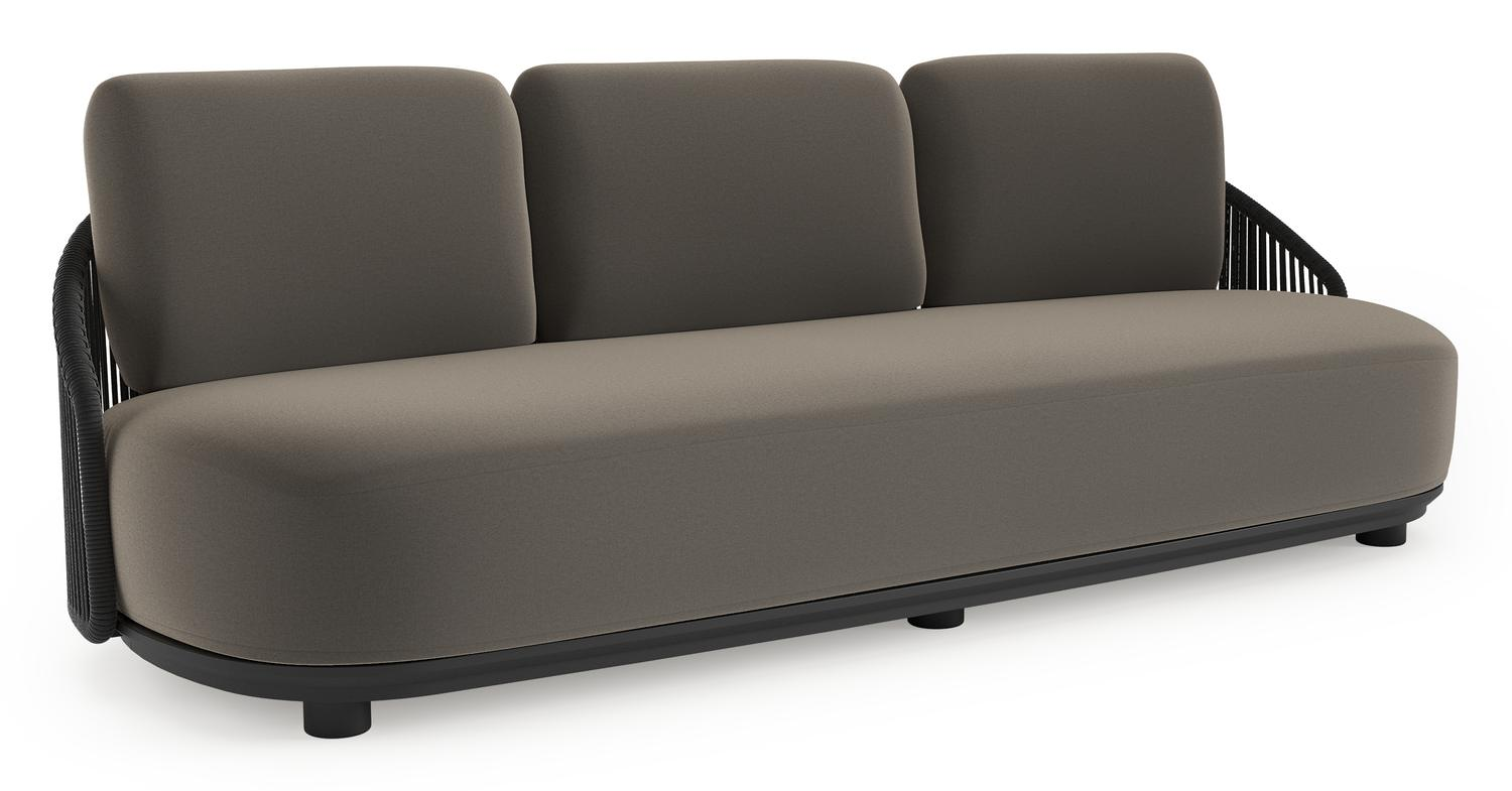 Canapé de jardin Vadelo en aluminium noir et corde ronde tissée verticalement noir et coussins en all weather sunbrella® luxe natte carbon beige