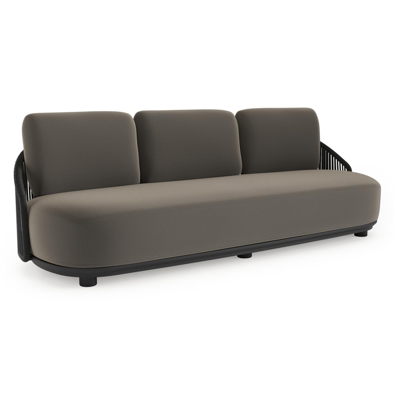 Canapé de jardin Vadelo en aluminium noir et corde ronde tissée verticalement noir et coussins en all weather sunbrella® luxe natte carbon beige