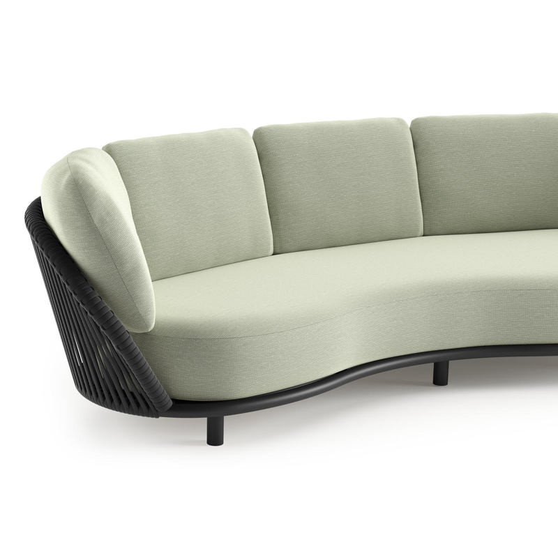 Lupino loungeset in zwart aluminium en zwart verticaal geweven luxe vlakke brede rope met slow spirea all weather sunbrella® luxe kussen