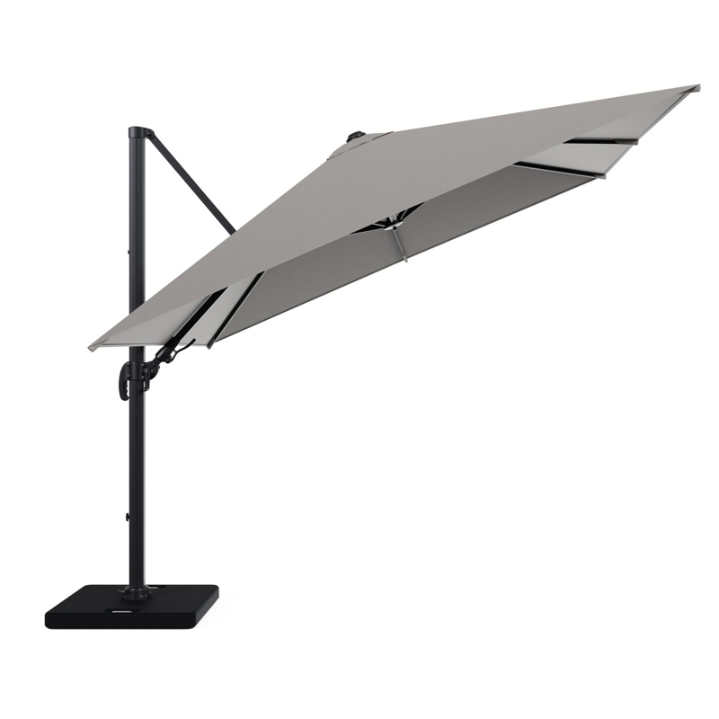 Avola zweefparasol met tiltfunctie in zwart aluminium en Weather+ Softtouch grijs L1 300 x L2 300 cm met parasolvoet Pedito 120 kg