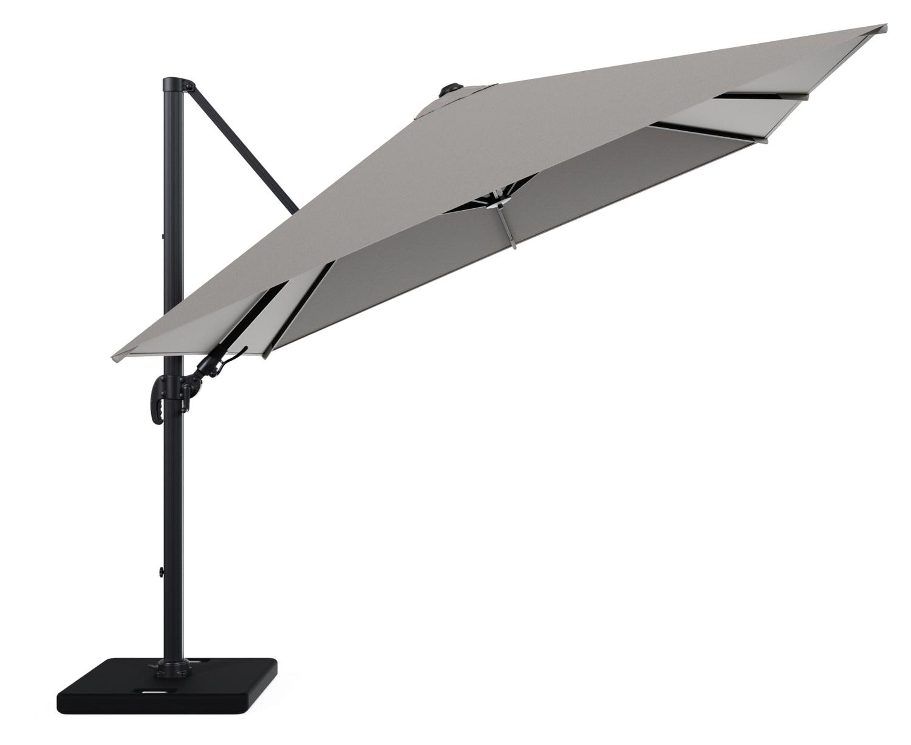 Avola zweefparasol met tiltfunctie in zwart aluminium en Weather+ Softtouch grijs L1 300 x L2 300 cm met parasolvoet Pedito 120 kg