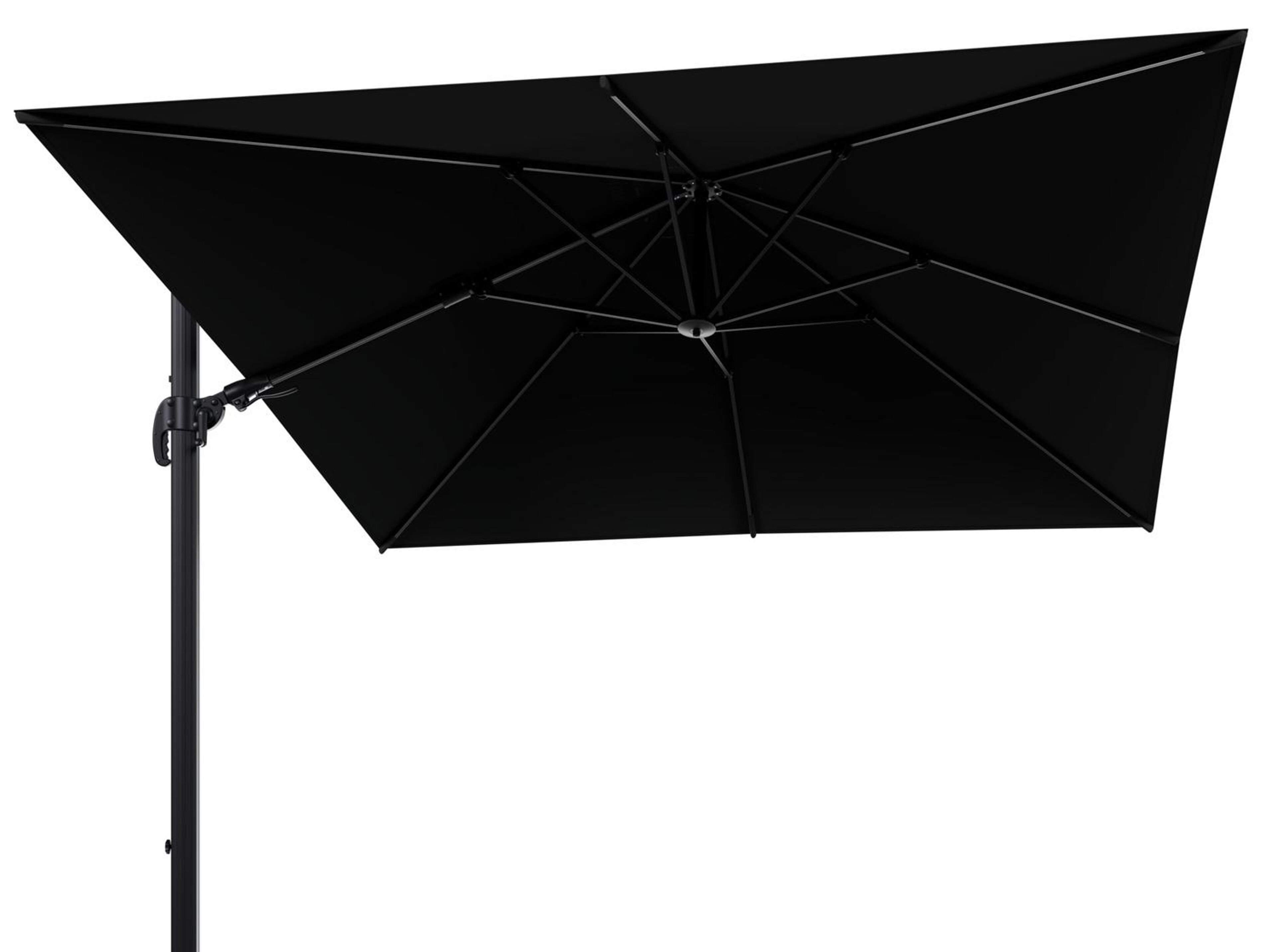 Avola zweefparasol met tiltfunctie in zwart aluminium met zwart weather+ softtouch parasoldoek - L1 300 x L2 300 cm (zonder voet)