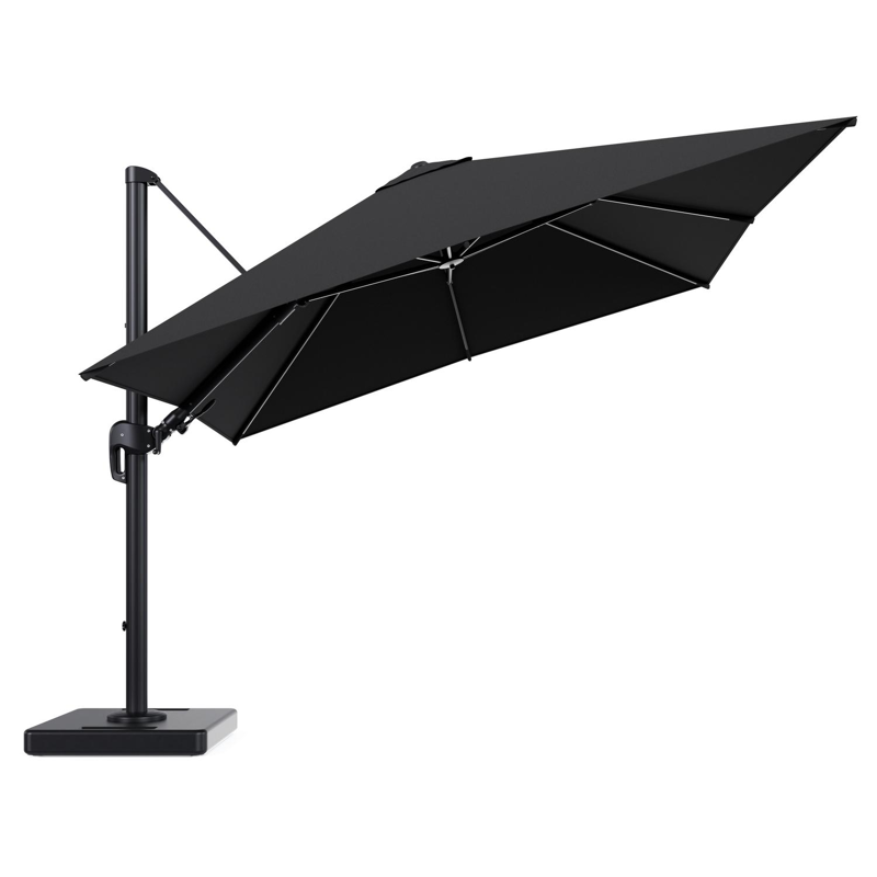 Rufina zweefparasol tiltfunctie in zwart aluminium en parasoldoek in All Weather Sunbrella® Luxe Natte Sooty - L1 300 x L2 300 cm met parasolvoet Lapido 160 kg