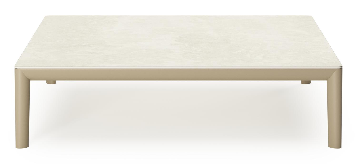 Table de basse Tolosa en aluminium beige et sintered stone beige - Lg. 90 x Lrg. 90 x Haut. 38 cm