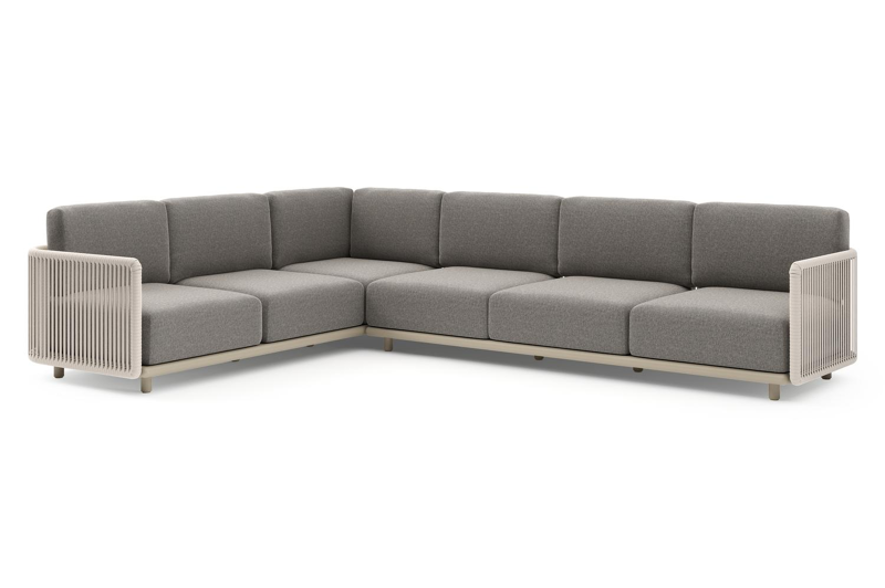 Organo loungehoek in beige aluminium en beige verticaal geweven luxe vlakke rope met chartres drizzle all weather Sunbrella® luxe kussen