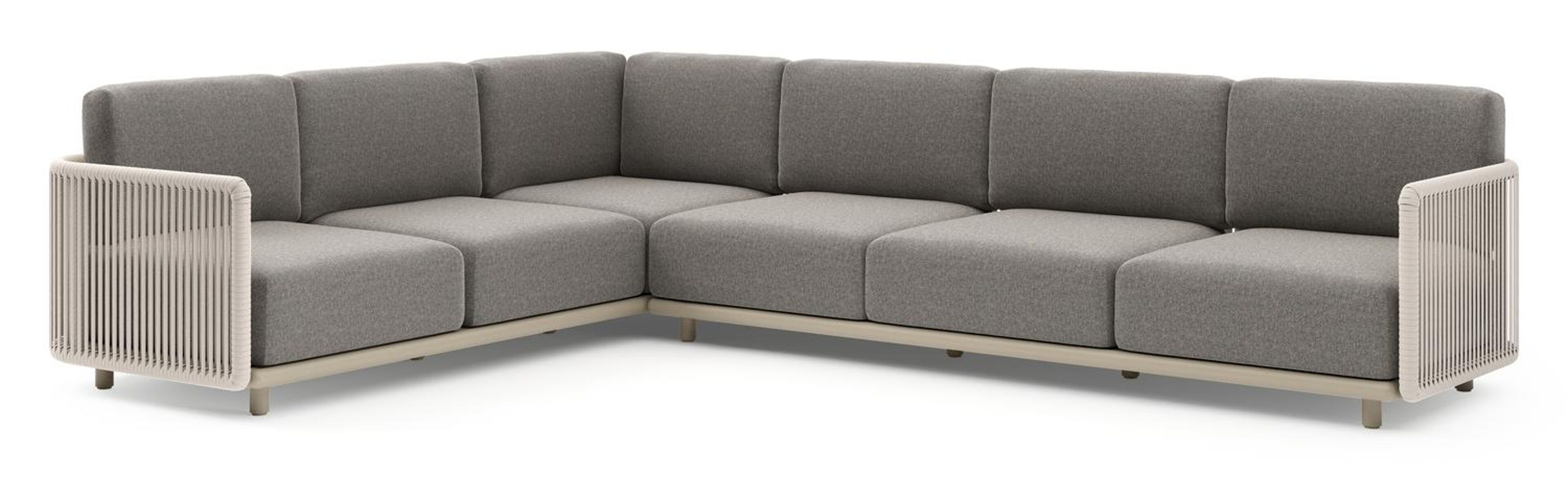 Organo loungehoek in beige aluminium en beige verticaal geweven luxe vlakke rope met chartres drizzle all weather Sunbrella® luxe kussen