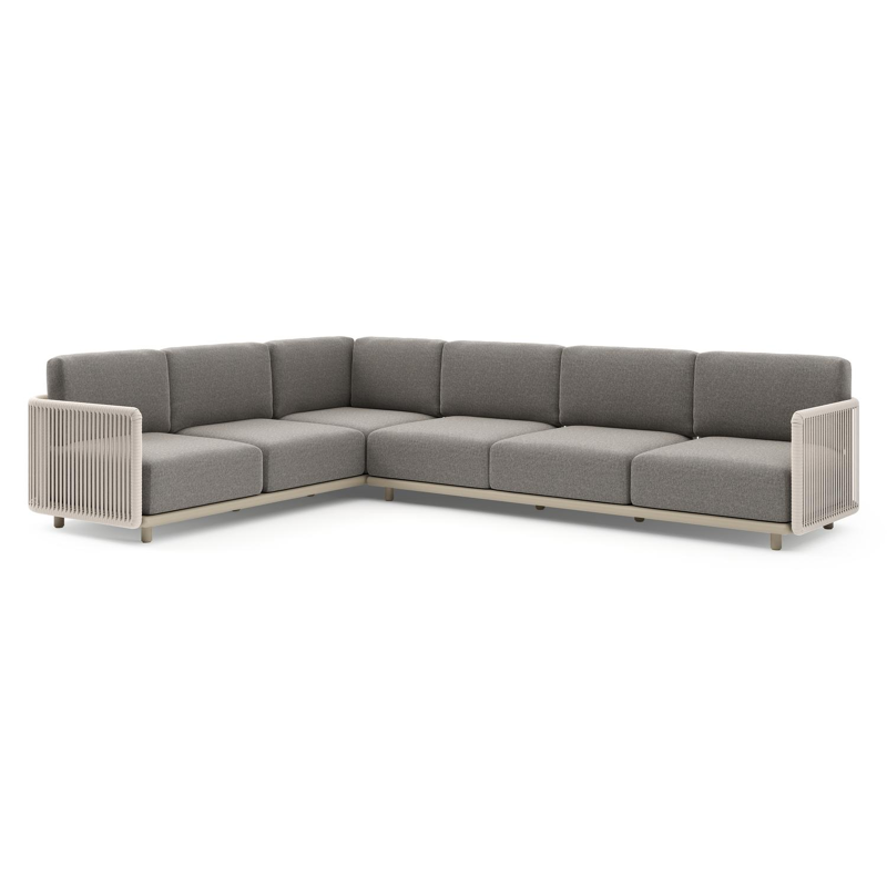 Salon de jardin d'angle Organo en aluminium beige et corde luxe plate tissée verticalement beige et coussin en all weather Sunbrella® luxe chartres drizzle