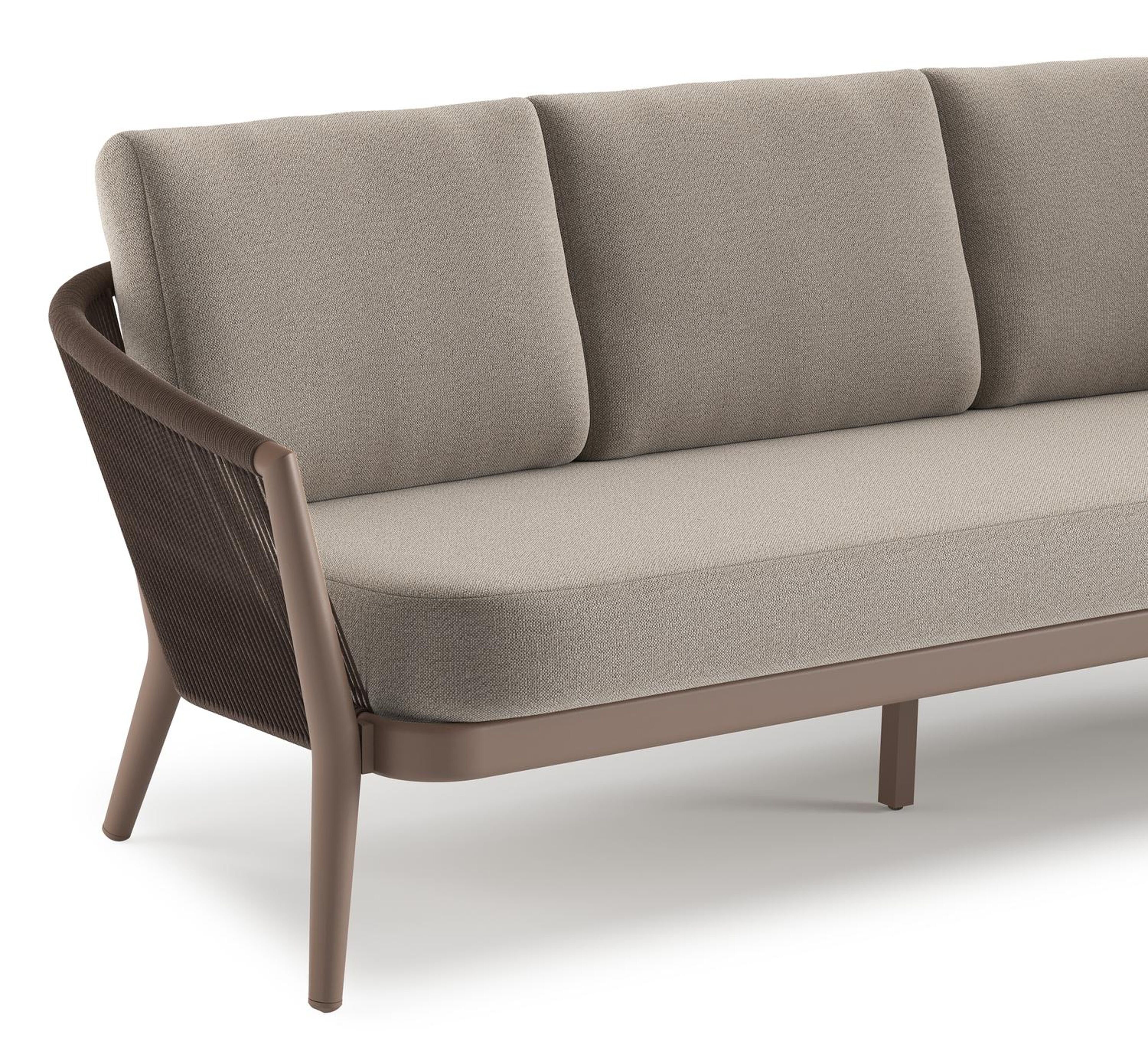 Salon de jardin Orso en aluminium taupe en corde ronde tissée verticalement noir et coussins en all weather sunbrella® luxe Savane Coconut