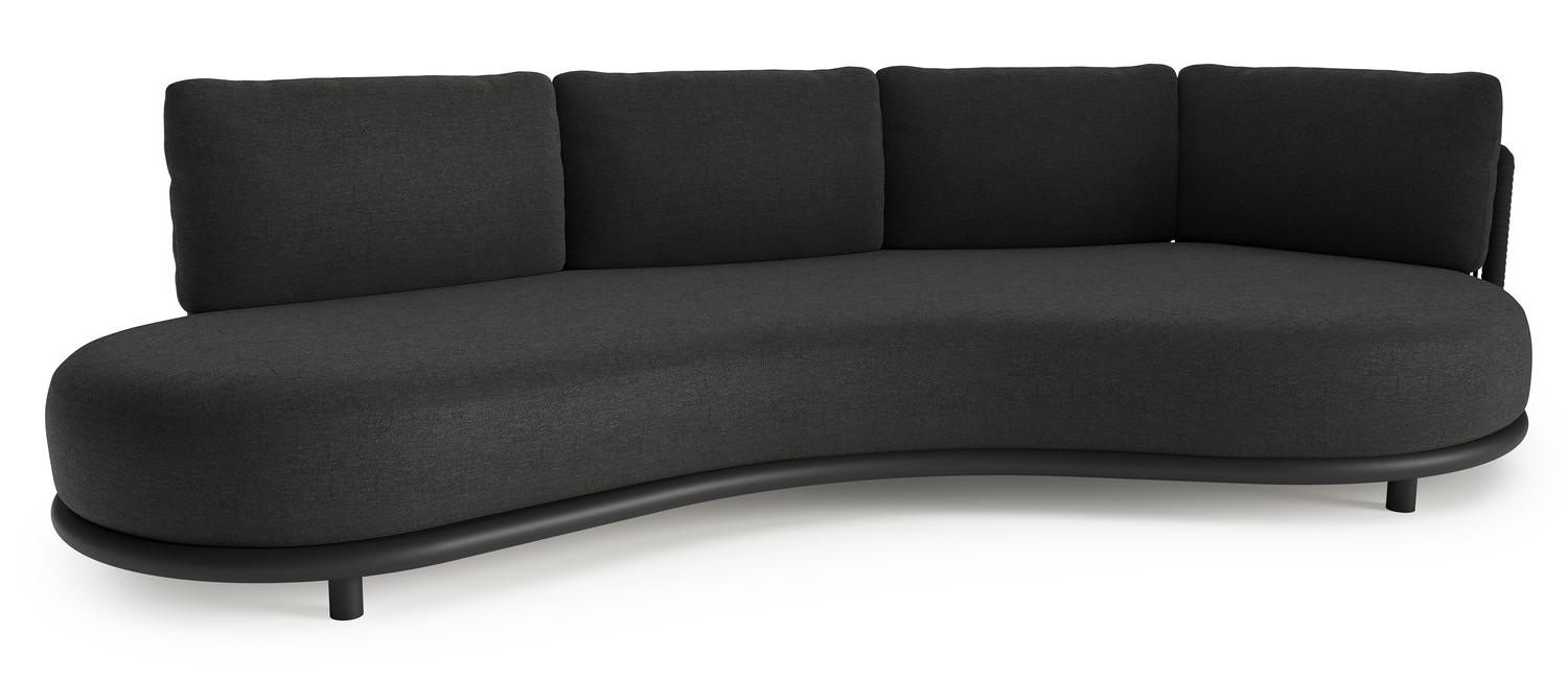 Lomano loungebank in zwart aluminium en zwart verticaal geweven luxe vlakke rope met chartres sooty all weather sunbrella® luxe kussen