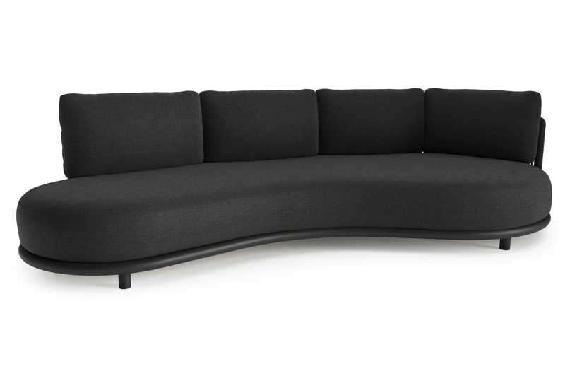 Lomano loungebank in zwart aluminium en zwart verticaal geweven luxe vlakke rope met chartres sooty all weather sunbrella® luxe kussen