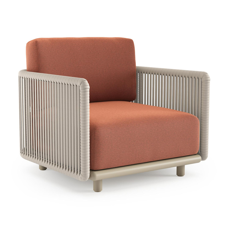 Organo loungestoel in beige aluminium en beige verticaal geweven luxe vlakke rope met heritage rust all weather Sunbrella® luxe kussen