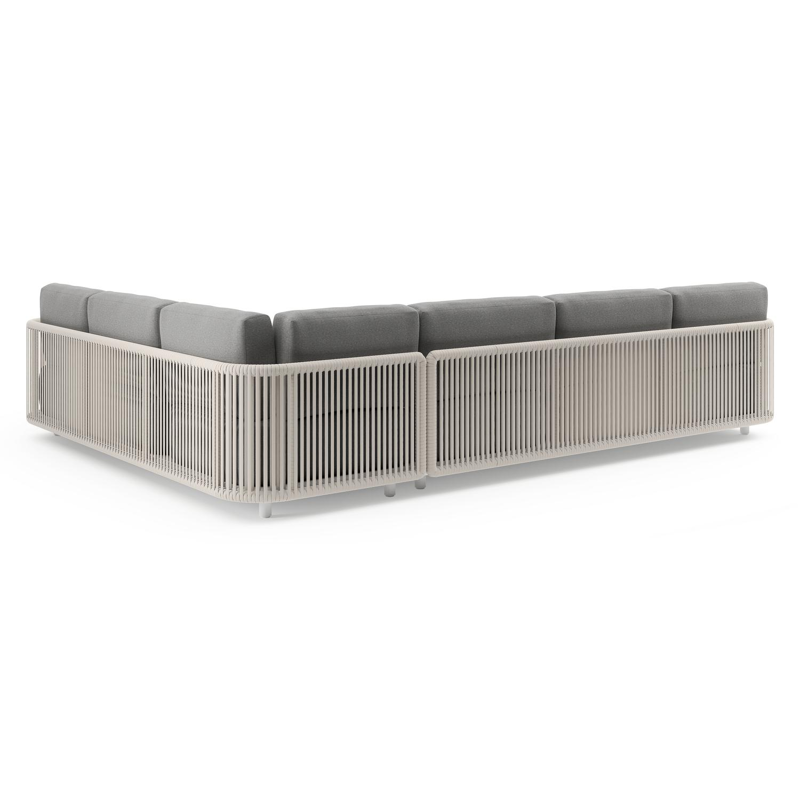 Organo loungehoek in wit aluminium en beige verticaal geweven luxe vlakke rope met heritage slate all weather Sunbrella® luxe kussen