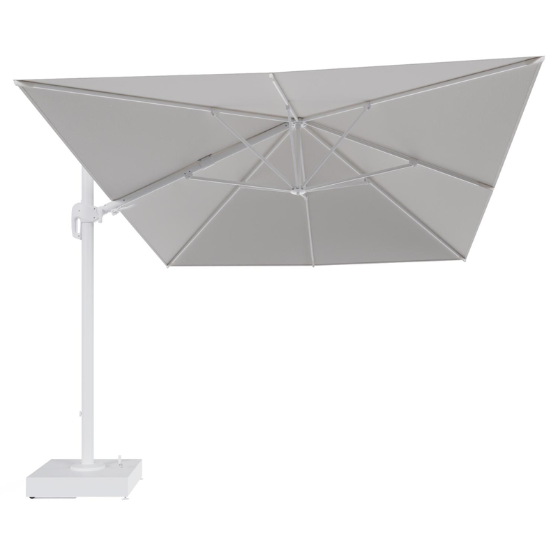 Rufina zweefparasol met tiltfunctie in wit aluminium en Soul Optik All Weather Solica parasoldoek - L1 400 x L2 300 cm met parasolvoet Minore 150 kg met wielen