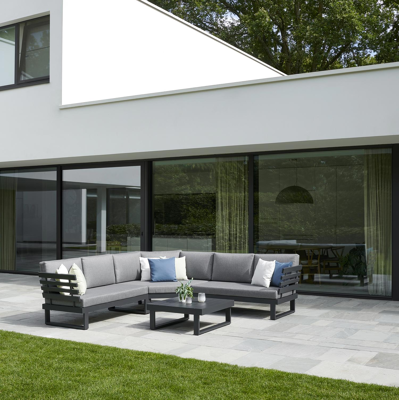 Salon de jardin d'angle Rosarno en aluminium noir avec coussins en weather+ softtouch gris