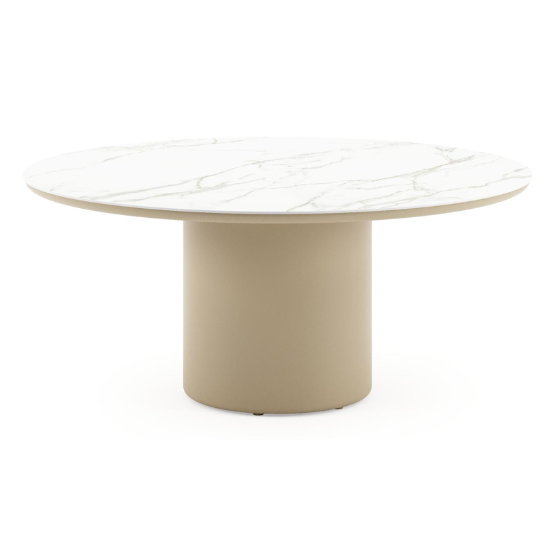 Amico low dining tuintafel rond in beige aluminium en volkeramiek Calacatta - Dia. 148 x H 61 cm