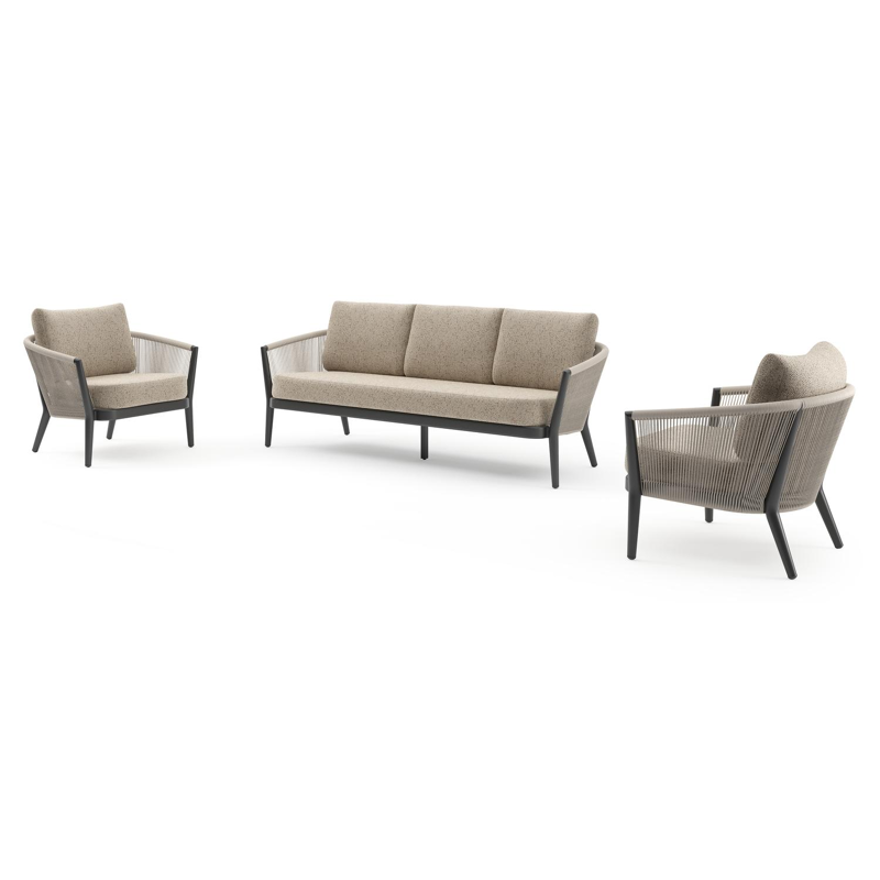 Orso loungeset in zwart aluminium en beige verticaal geweven ronde rope met Bora Jungle all weather cosytica kussen