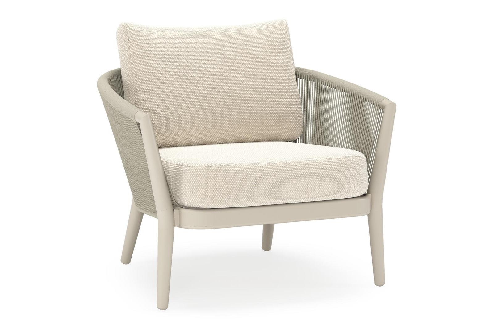 Orso loungestoel in beige aluminium en beige verticaal geweven ronde rope met Althea Off White all weather cosytica kussen