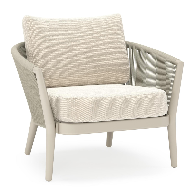 Orso loungestoel in beige aluminium en beige verticaal geweven ronde rope met Althea Off White all weather cosytica kussen