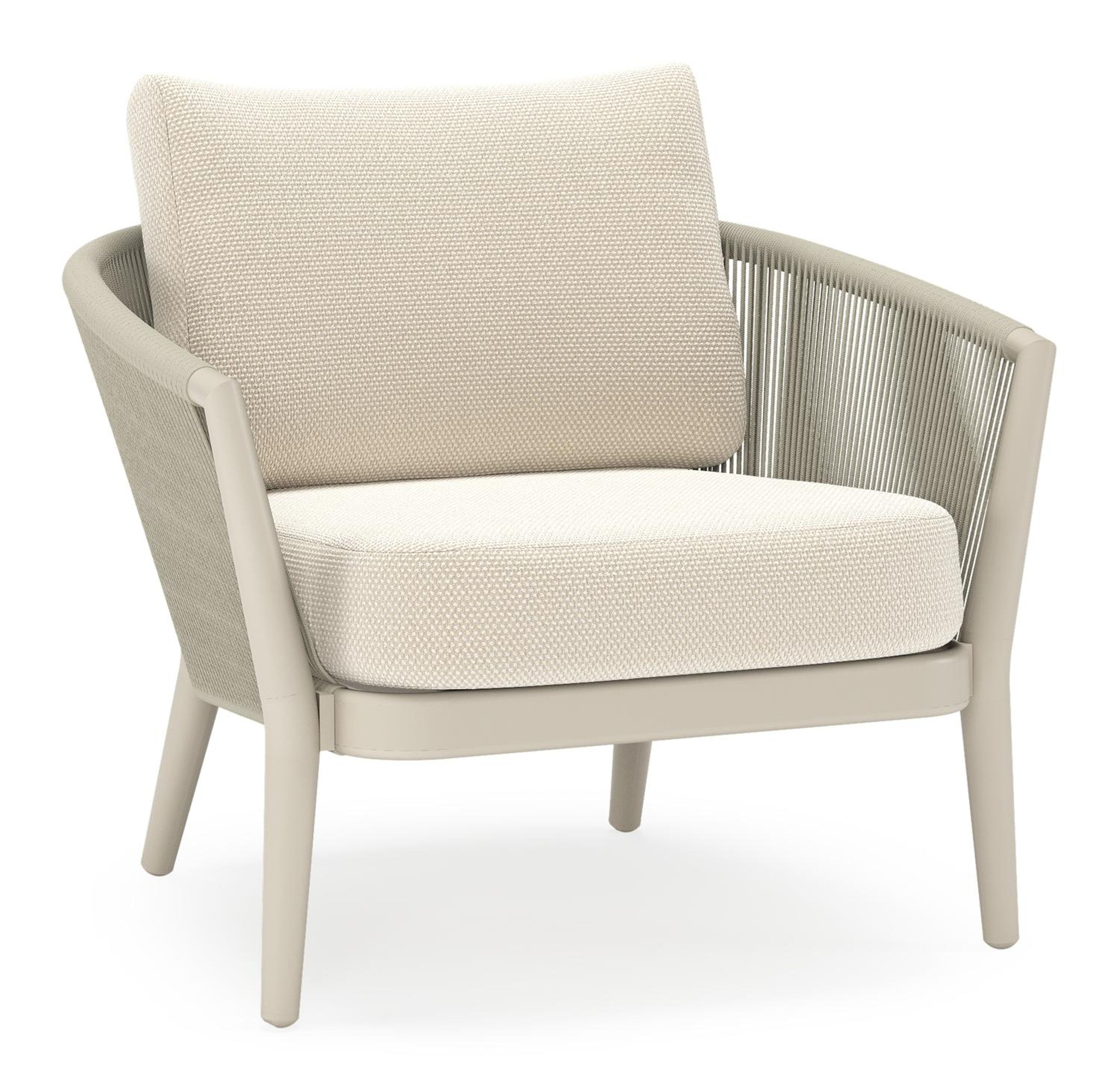 Orso loungestoel in beige aluminium en beige verticaal geweven ronde rope met Althea Off White all weather cosytica kussen