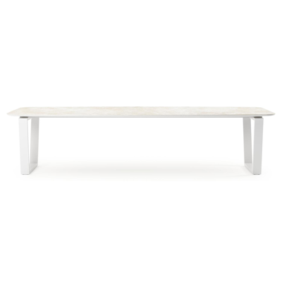 Table de jardin Pagino forme de bateau en aluminium blanc et céramique pleine Rapolano Lg. 315 x Lrg. 115 cm