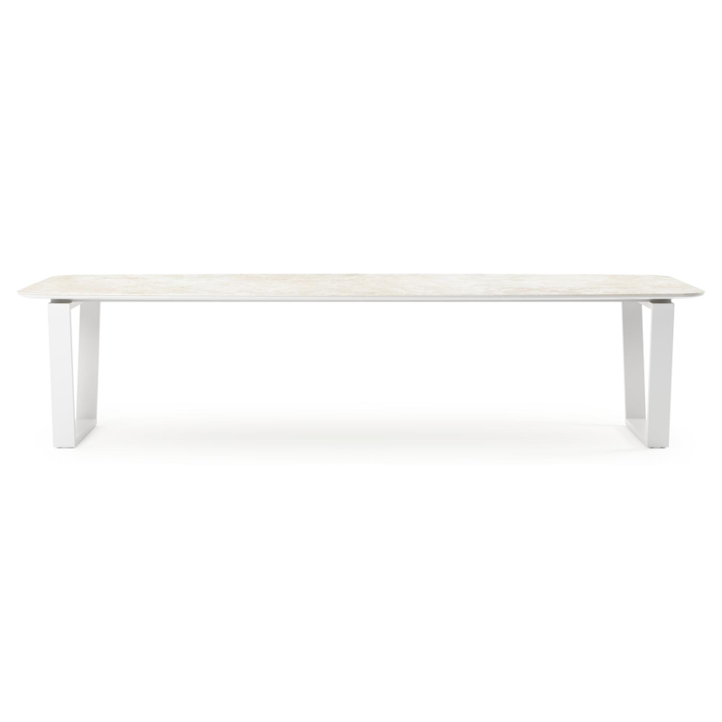Table de jardin Pagino forme de bateau en aluminium blanc et céramique pleine Rapolano Lg. 315 x Lrg. 115 cm
