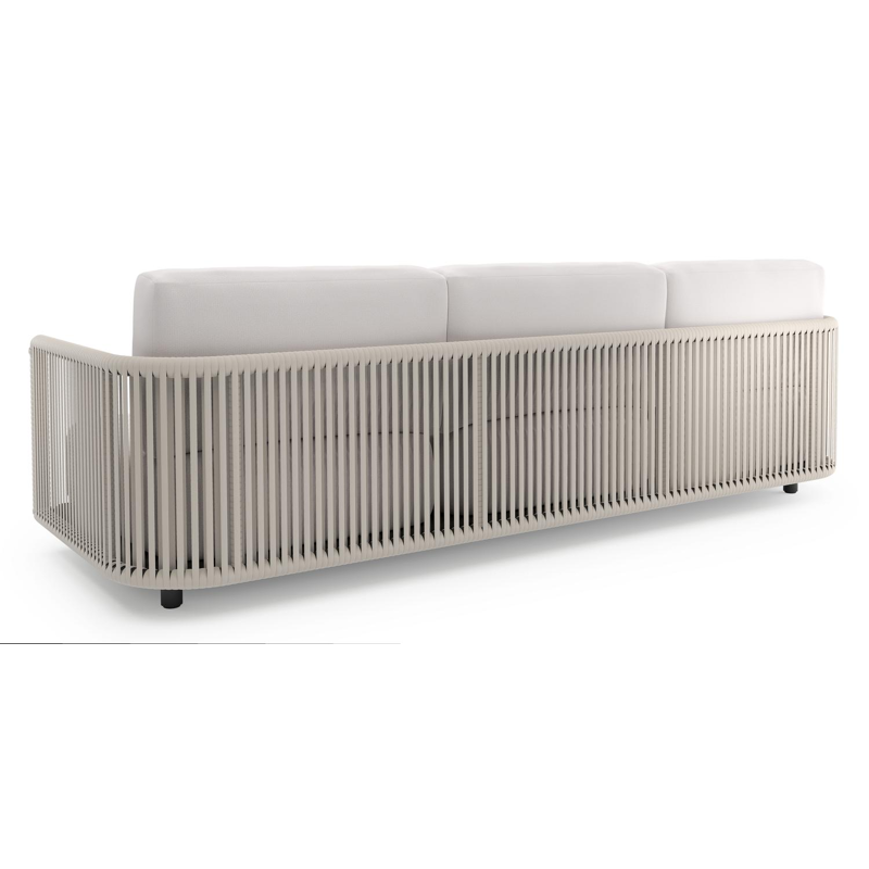 Organo loungebank in zwart aluminium en beige verticaal geweven luxe vlakke rope met savane whisper all weather Sunbrella® luxe kussen