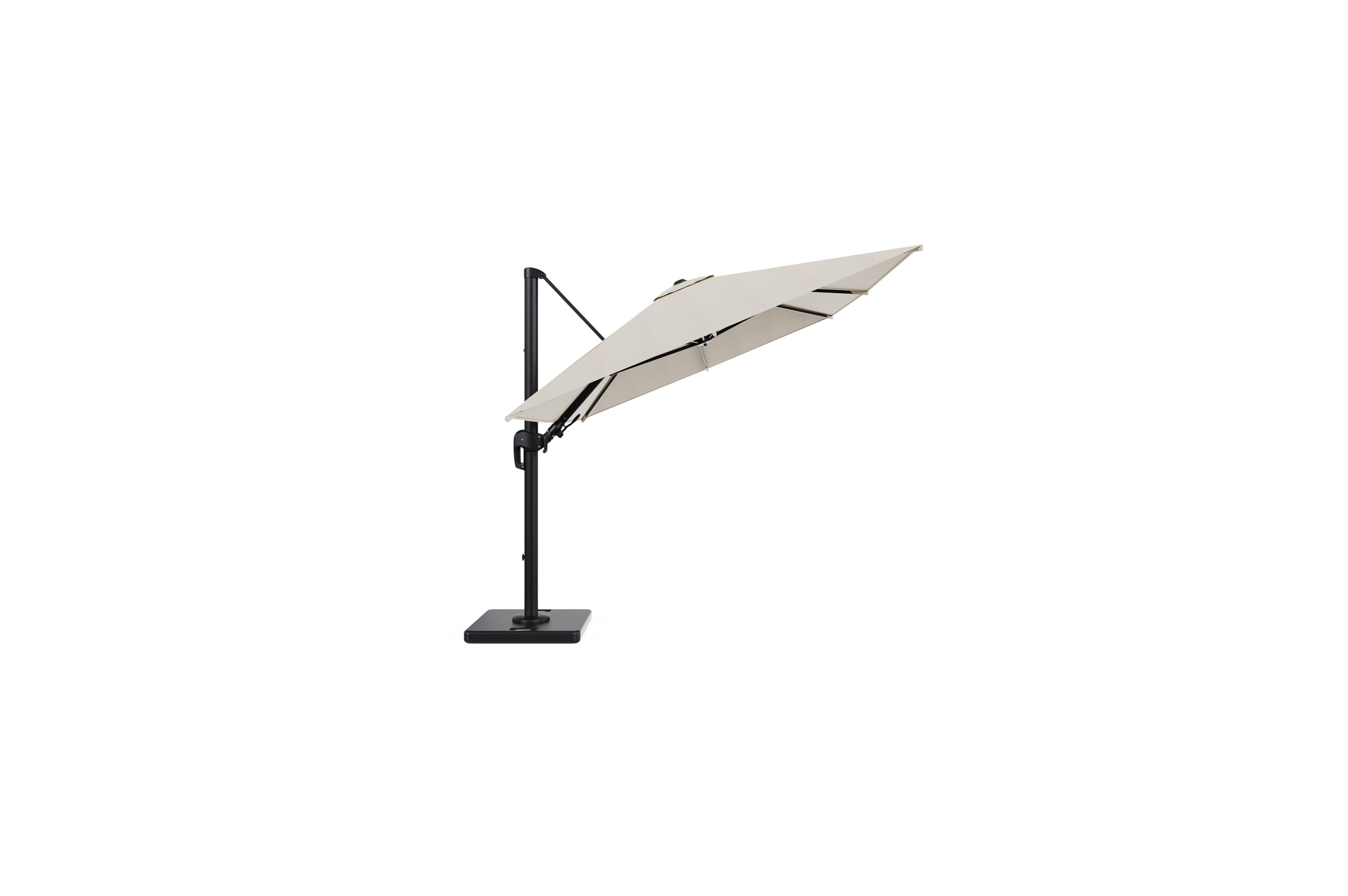 Rufina zweefparasol met tiltfunctie in zwart aluminium met beige all weather sunbrella® premium parasoldoek - L1 350 x L2 250 cm met parasolvoet Lapido 120 kg