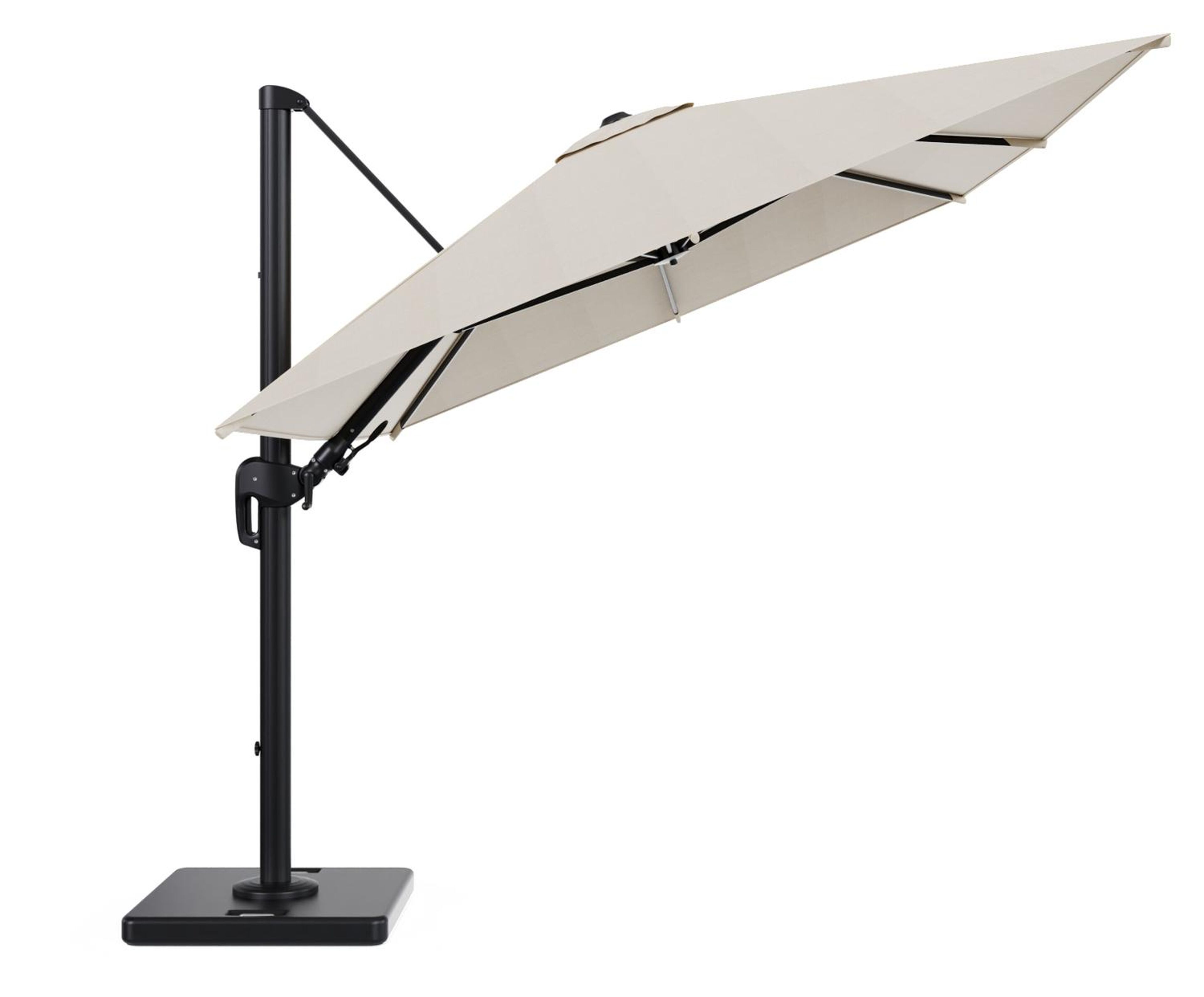 Rufina zweefparasol met tiltfunctie in zwart aluminium met beige all weather sunbrella® premium parasoldoek - L1 350 x L2 250 cm met parasolvoet Lapido 120 kg