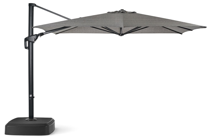 Minore zweefparasol met tiltfunctie in zwart aluminium met chartres drizzle all weather sunbrella® luxe parasoldoek - L1: 370 x L2: 280 cm (met voet)