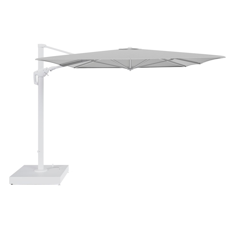 Minore zweefparasol met tiltfunctie in wit aluminium en All Weather Sunbrella Luxe Savane Nimbus - L1 400 x L2 300 cm met parasolvoet Minore 260 kg met wielen