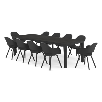 Varese tuinset in zwart aluminium en zwart volkeramiek tafelblad met 10 Artena tuinstoelen