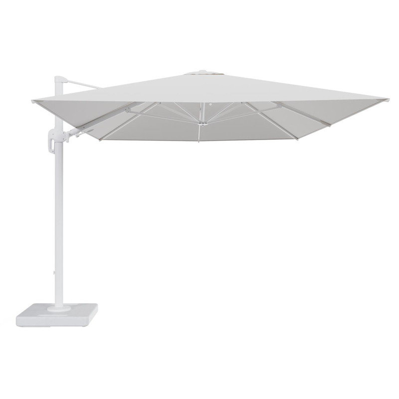 Rufina zweefparasol tiltfunctie in wit aluminium en parasoldoek in All Weather Solica Soul Optik - L1 400 x L2 300 cm met parasolvoet Lapido 160 kg