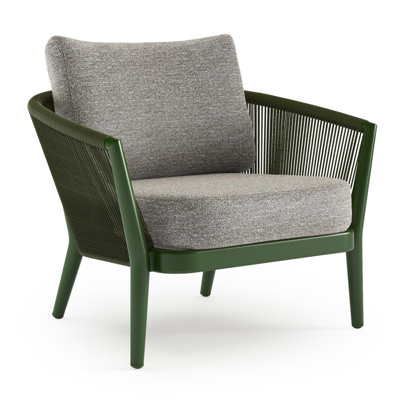 Orso loungestoel in groen aluminium en groen verticaal geweven ronde rope met Tundra Pepper all weather sunbrella® luxe kussen